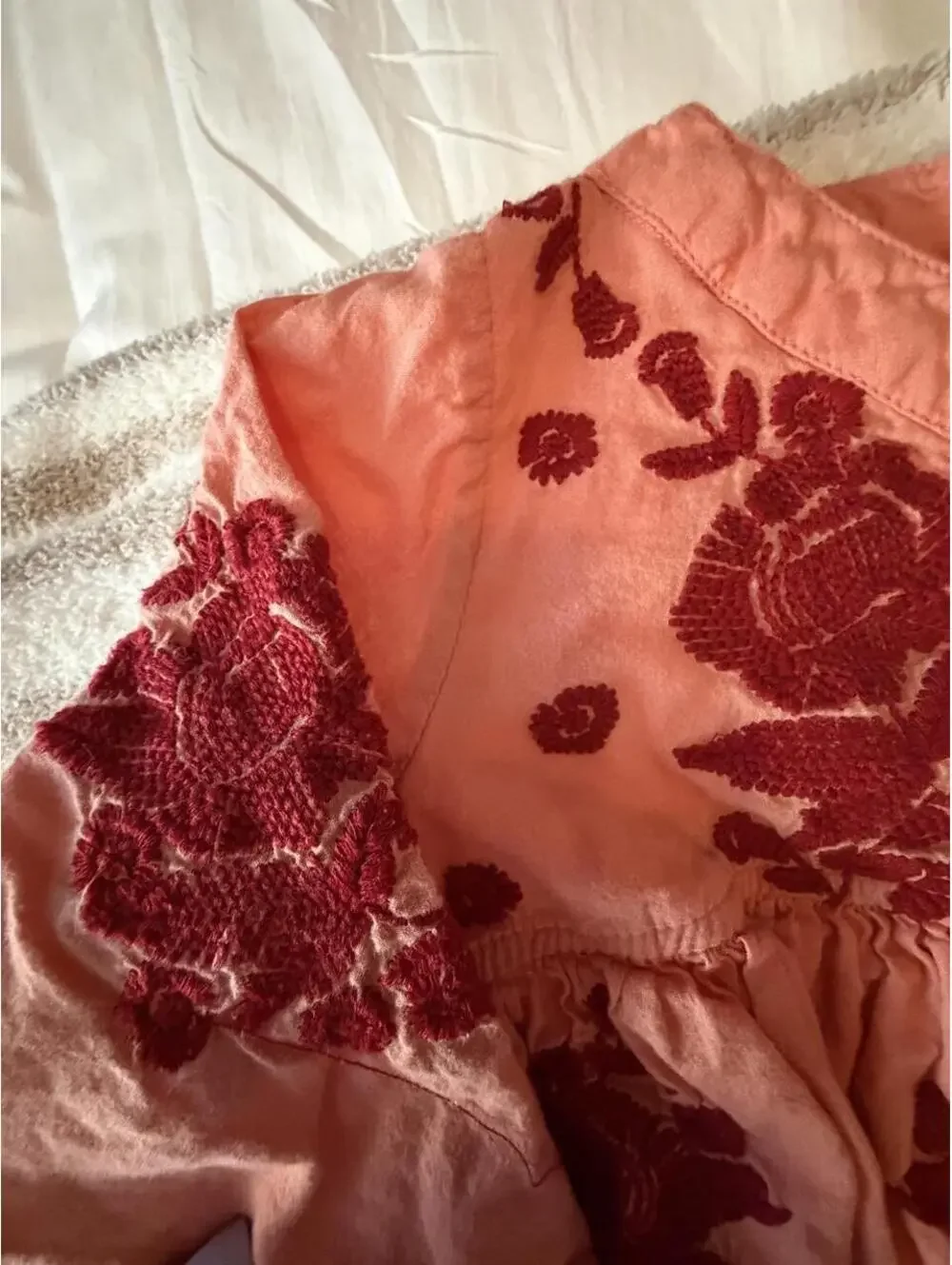 Pink Chicken coral & red floral embroidered baby blouse in size 6/12M